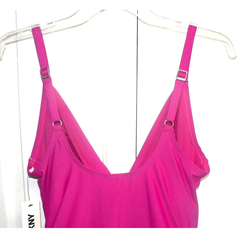 DKNY Women's Crossover Tummy Control Ruched One-Piece Swimsuit Amalfi Pink XL - Picture 6 of 7